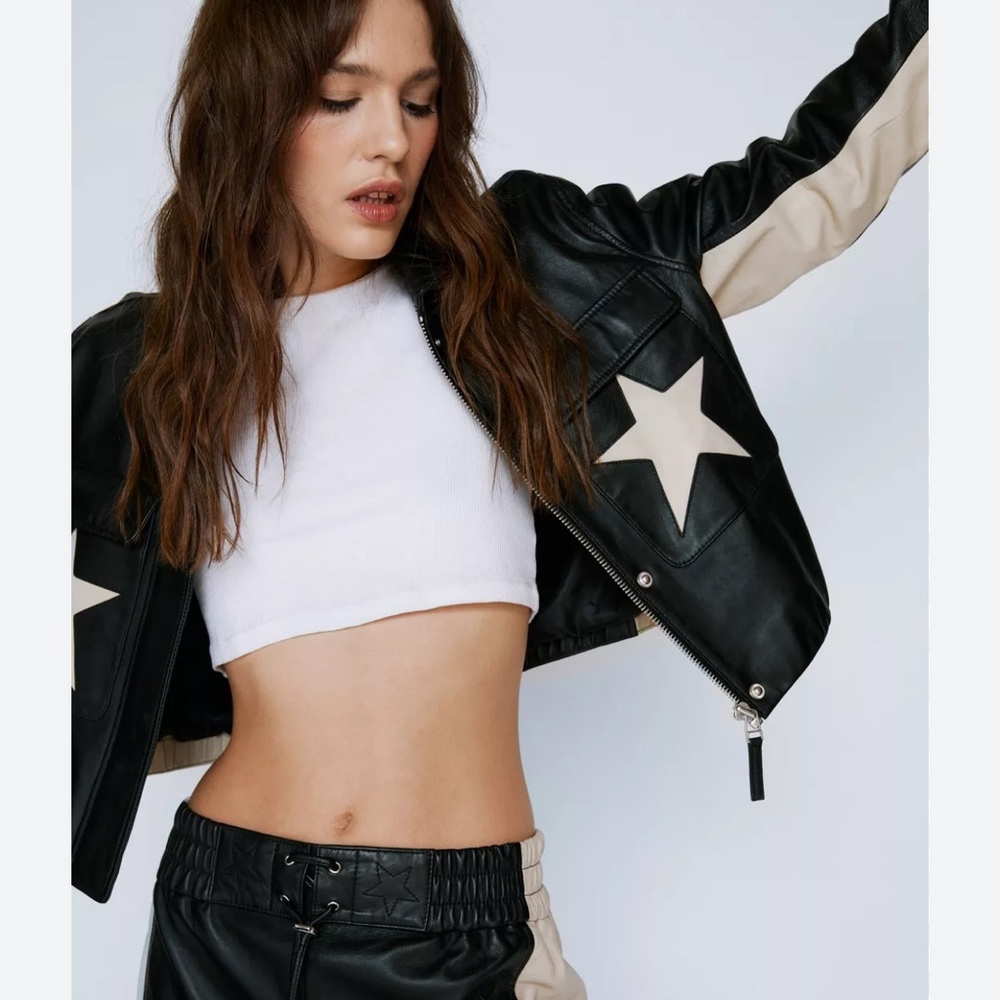 Forever 21 Black and White Cropped Faux Leather Jacket